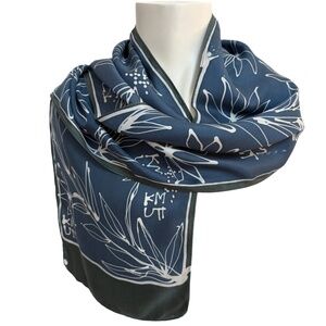 KMUTT Thailand Silk Scarf 🇹🇭 – Modern Botanical Print – Blue & Ivory